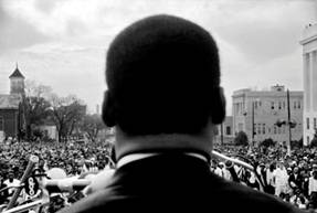 Stephen Somerstein, Dr. Martin Luther King, Jr. speaking to 25,000 civil rights marchers in Montgomery, 1965. Courtesy of the photographer