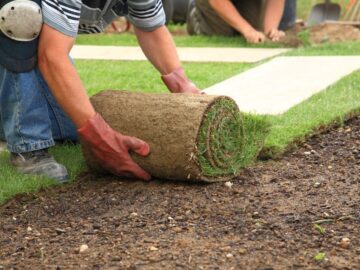 A man wearing blue jeans with knee pads laying out sod with turf grass for a new lawn with another man in the background.