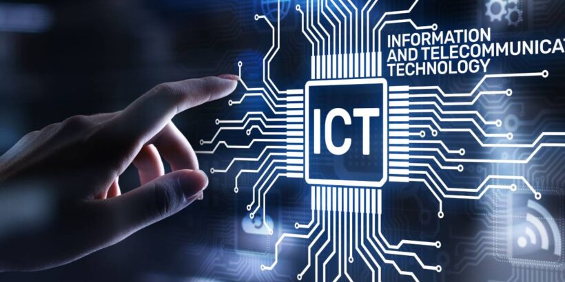 A hand reaching out to a digital representation of a computing network that says INFORMATION AND TELECOMMUNICATION TECHNOLOGY.