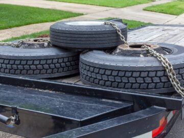 A flatbed trailer carrying three large tires secured with heavy chains, parked on a suburban street near a grassy lawn.