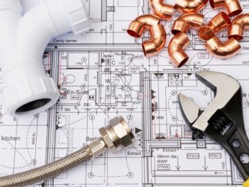 A flexi hose, PVC pipe fitting, copper elbow fittings, and an adjustable wrench lie on top of a building plan.