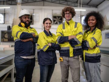 Four racially diverse people in high-visibility work uniforms posing together on a clean factory floor.