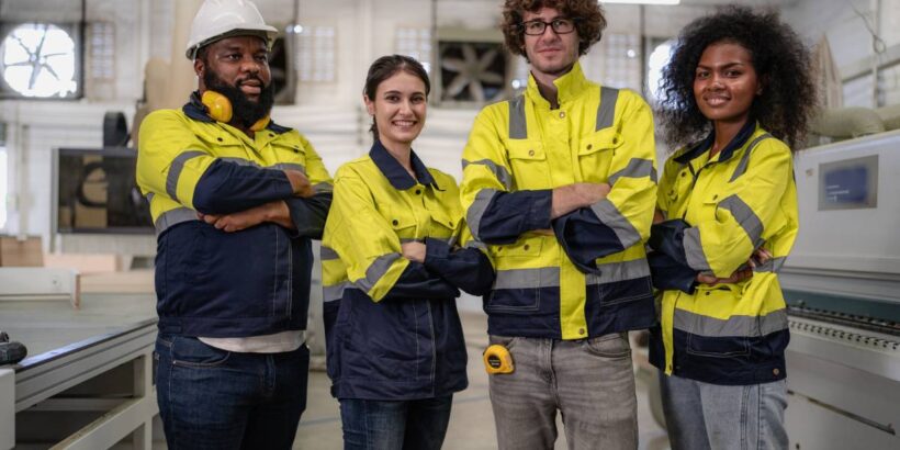 Four racially diverse people in high-visibility work uniforms posing together on a clean factory floor.