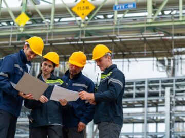 Four employees in yellow hard hats stand together and look at a piece of paper and a laptop on a jobsite.