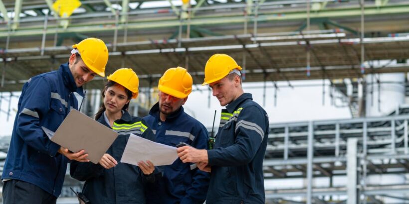 Four employees in yellow hard hats stand together and look at a piece of paper and a laptop on a jobsite.