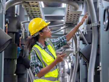 A Black woman in a yellow hard hat and reflective vest pointing at industrial equipment while holding a tablet.