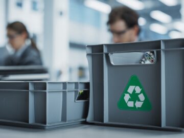 A close-up view two gray recycling bins sitting on a table. Two staff members are blurred in the distance.