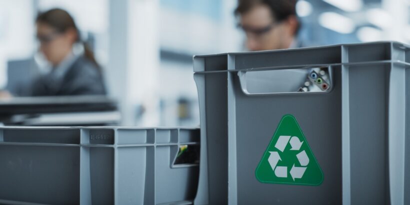 A close-up view two gray recycling bins sitting on a table. Two staff members are blurred in the distance.