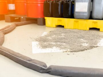 There is an absorbent substance on the ground along with several towels. There are also various containers in the background.