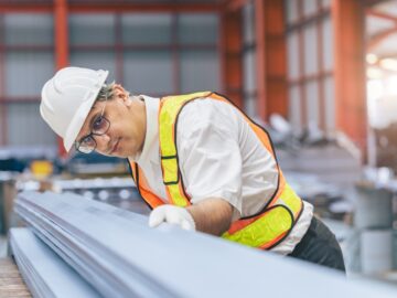 A man in a hard hat looking down a long piece of metal. He is running his gloved hand down the side of it.