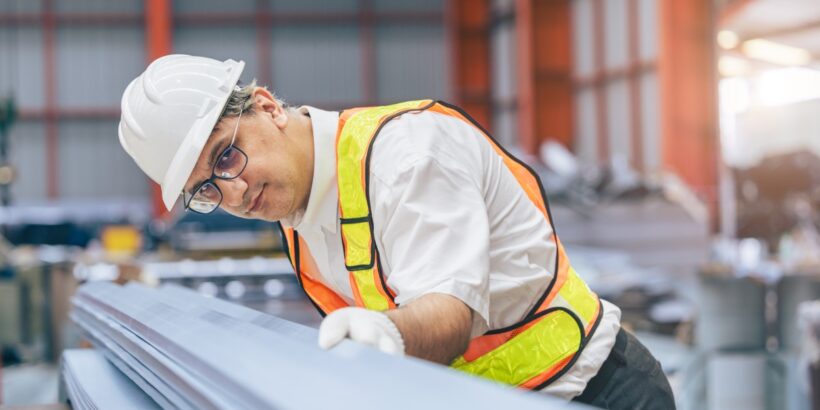 A man in a hard hat looking down a long piece of metal. He is running his gloved hand down the side of it.