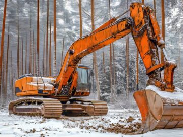 A large orange crane scooping at the ground, which is covered in snow. There are many tall trees behind the machinery.