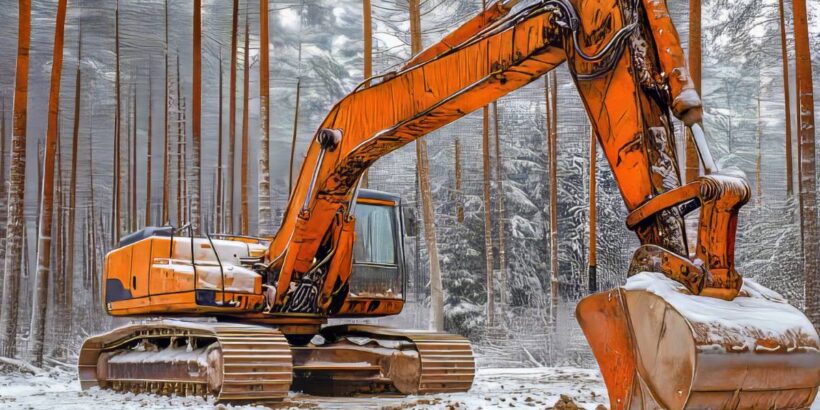 A large orange crane scooping at the ground, which is covered in snow. There are many tall trees behind the machinery.